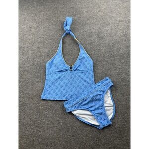 St John Tankini Swimsuit‎ Womens 2 Blue Halter Top Bottom Set All Over Logo